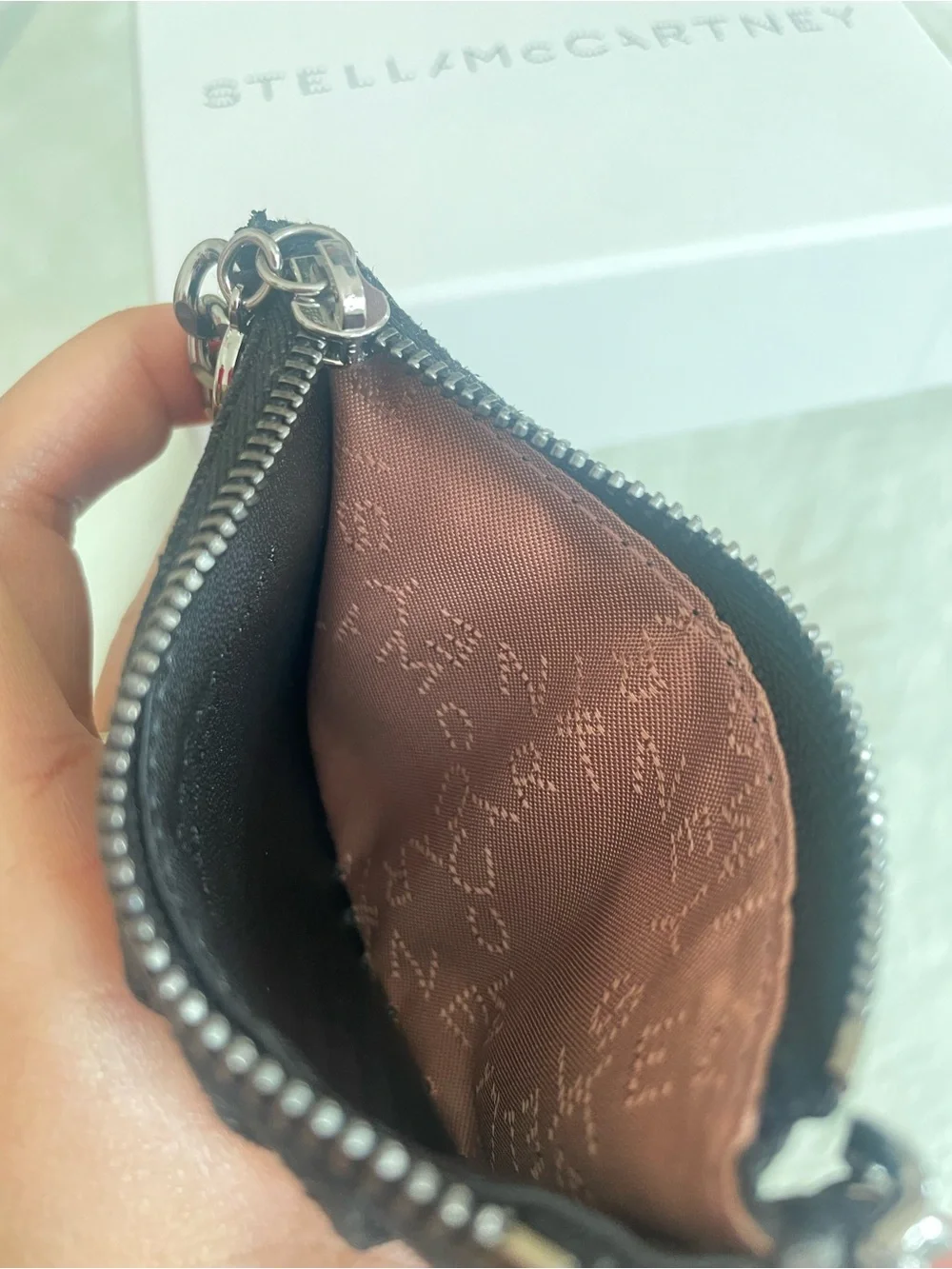 Stella McCartney Falabella Black Card Pouch with Silver Chain Trim